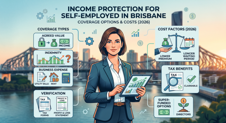 Infographic explaining income protection options for self-employed professionals in Brisbane, including coverage types, waiting periods, and premium costs.