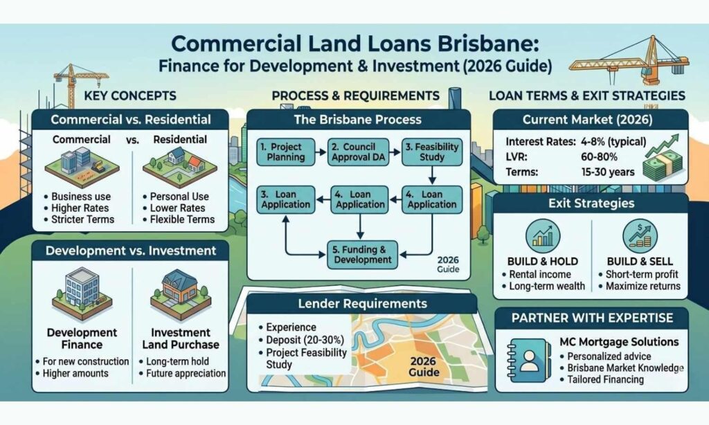 Commercial land loans Brisbane guide showing city development, construction planning, and property finance documents.