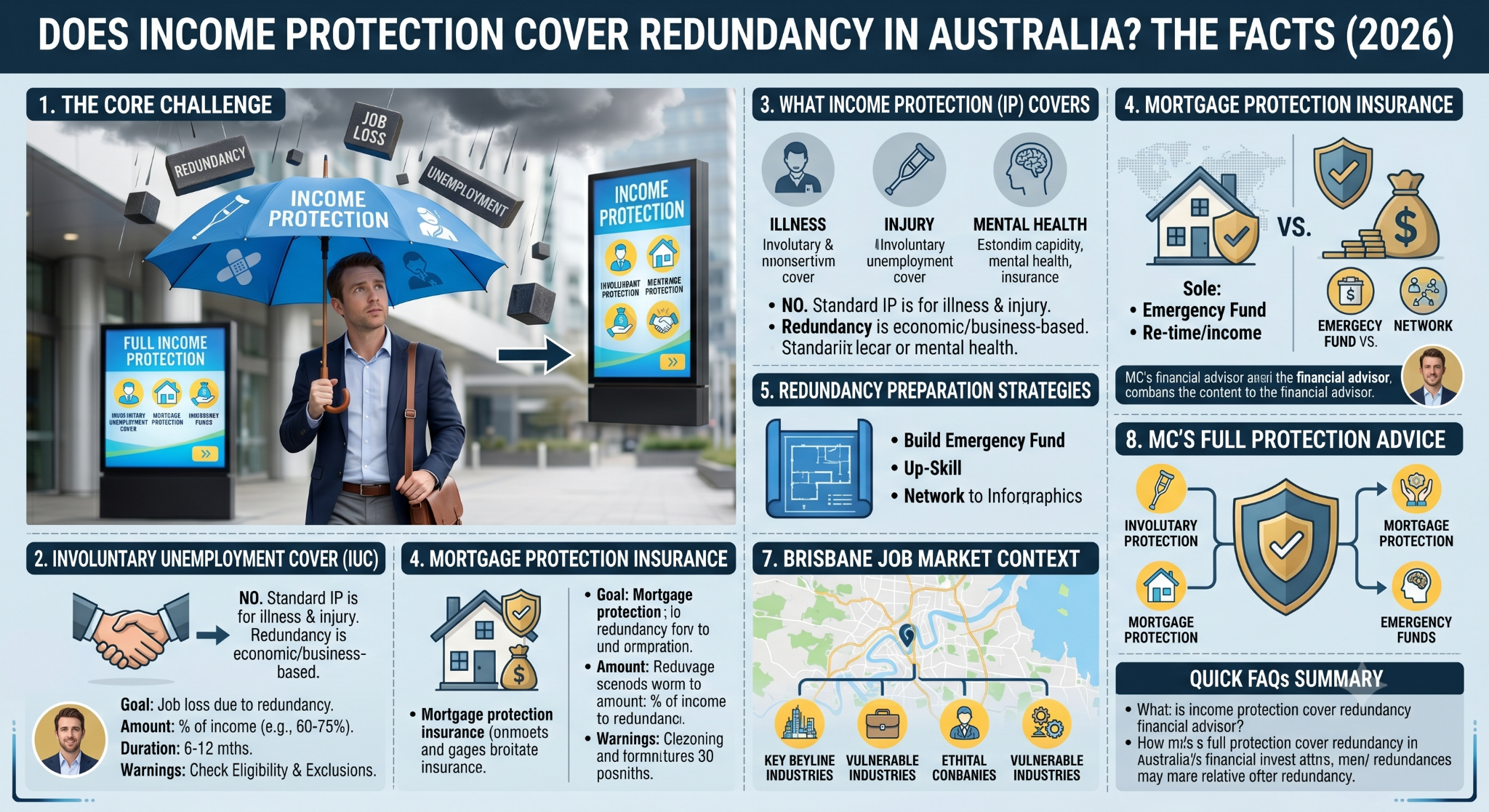 Infographic showing whether income protection covers redundancy in Australia, including involuntary unemployment cover, emergency funds, and mortgage protection options.