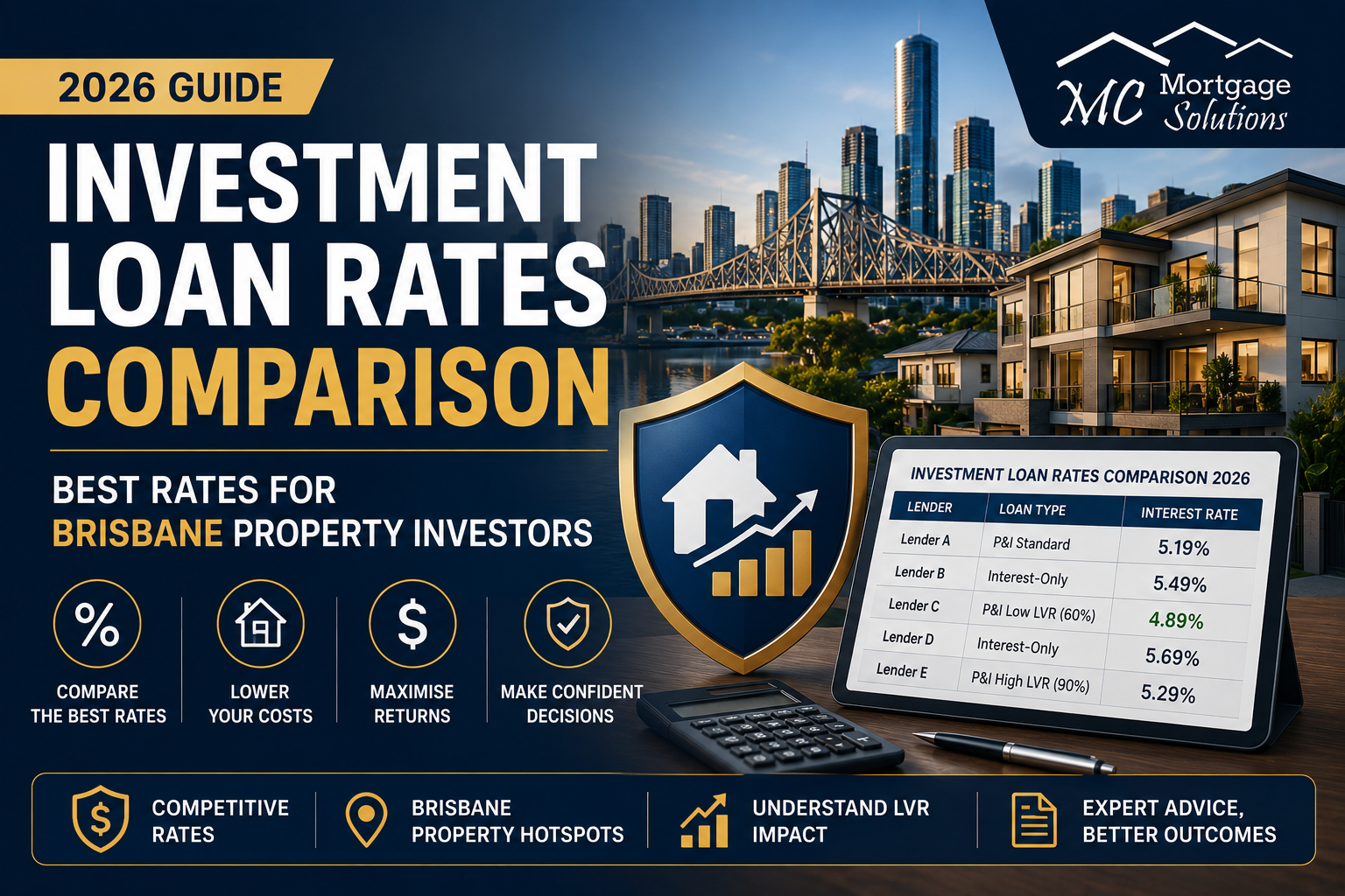 Investment loan rates comparison 2026 featured image showing Brisbane property investors comparing loan rates, LVR impact, and investment finance options.