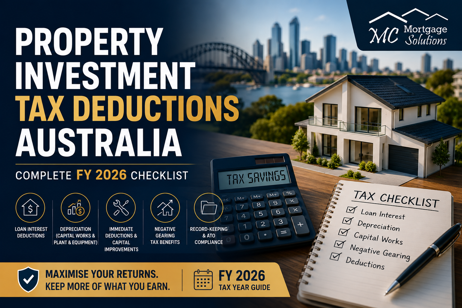 Property investment tax deductions infographic explaining loan interest, depreciation, negative gearing, capital works, record keeping, and ATO compliance for Australian investors.