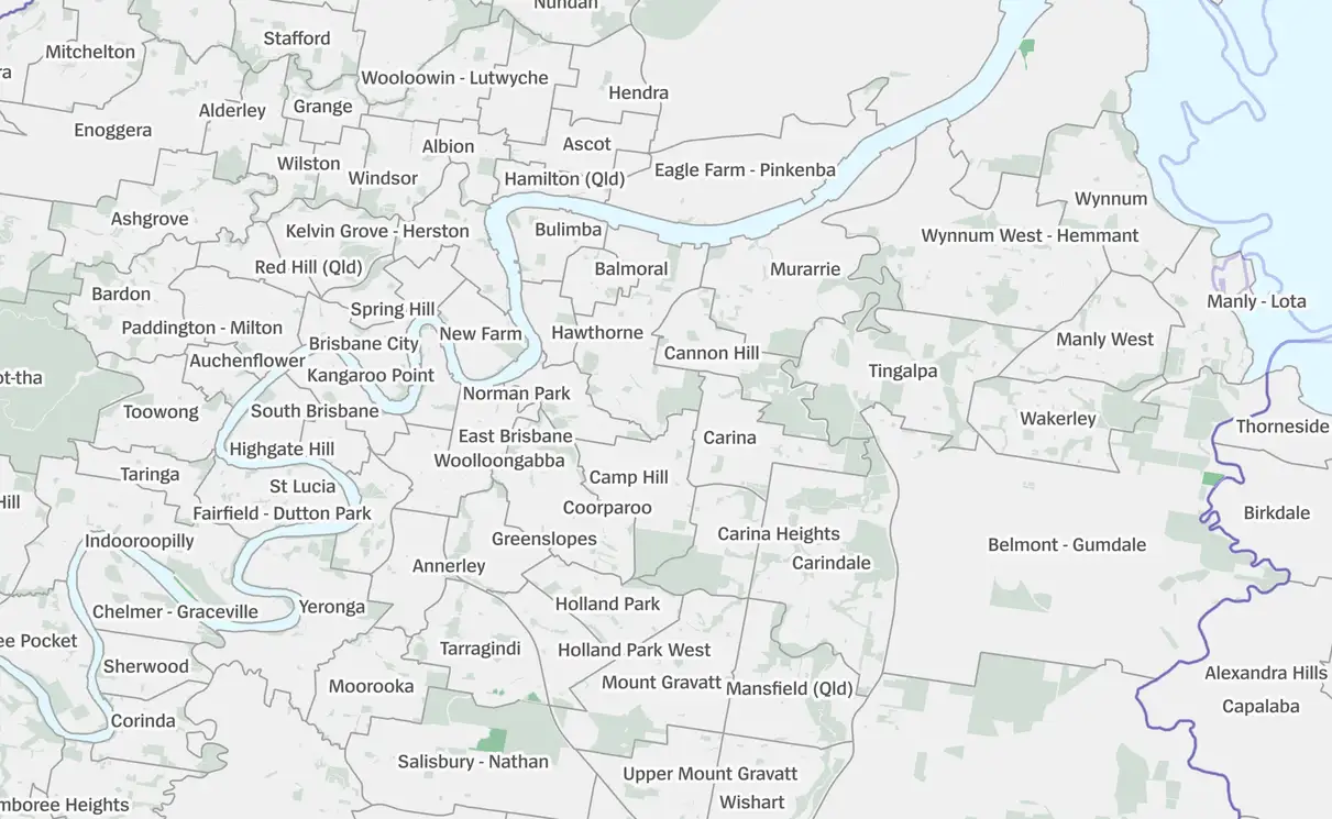 Map of Brisbane showing the CBD, Bayside and eastern suburbs served by MC Mortgage Solutions mortgage brokers